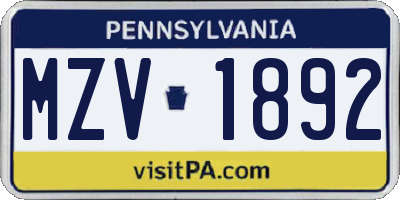 PA license plate MZV1892