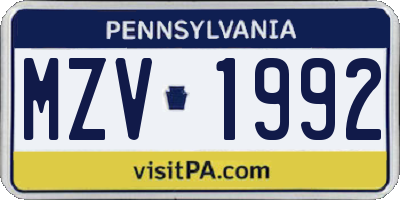 PA license plate MZV1992