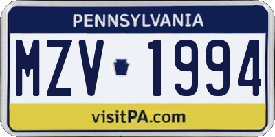 PA license plate MZV1994