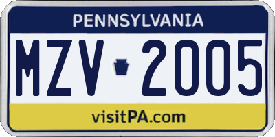 PA license plate MZV2005