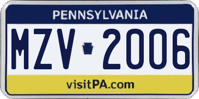 PA license plate MZV2006