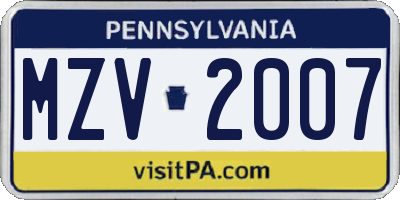 PA license plate MZV2007