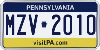 PA license plate MZV2010