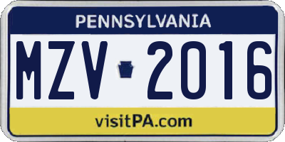 PA license plate MZV2016