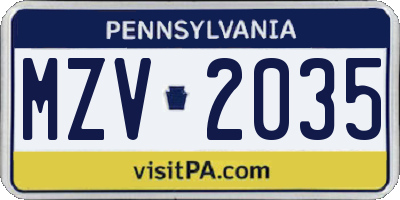 PA license plate MZV2035