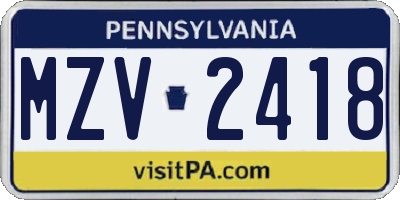 PA license plate MZV2418