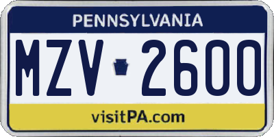 PA license plate MZV2600