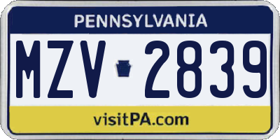 PA license plate MZV2839