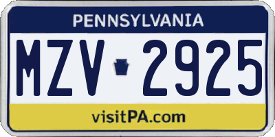 PA license plate MZV2925