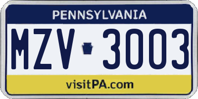 PA license plate MZV3003
