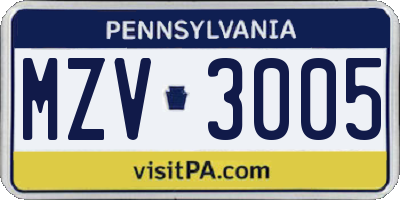 PA license plate MZV3005