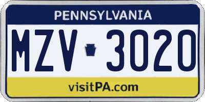 PA license plate MZV3020