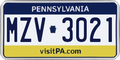 PA license plate MZV3021
