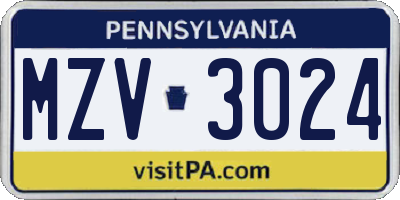PA license plate MZV3024