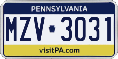 PA license plate MZV3031