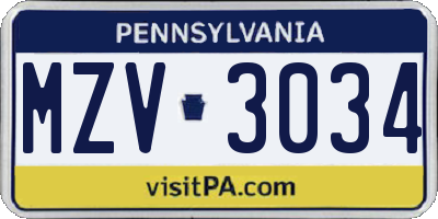 PA license plate MZV3034