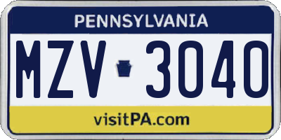 PA license plate MZV3040