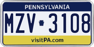 PA license plate MZV3108