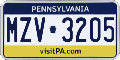 PA license plate MZV3205