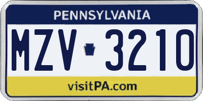PA license plate MZV3210