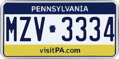 PA license plate MZV3334