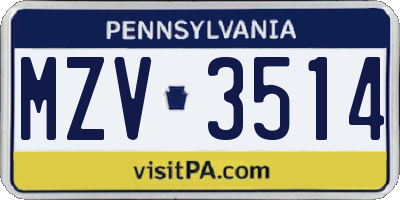 PA license plate MZV3514