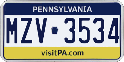PA license plate MZV3534