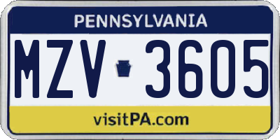 PA license plate MZV3605