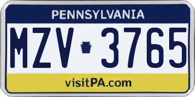 PA license plate MZV3765