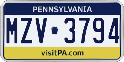 PA license plate MZV3794