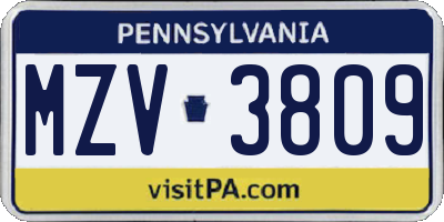 PA license plate MZV3809