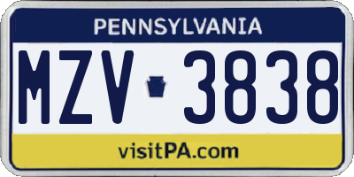 PA license plate MZV3838