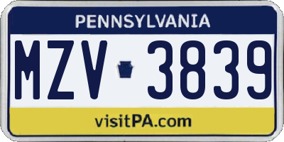 PA license plate MZV3839