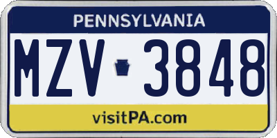 PA license plate MZV3848