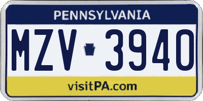PA license plate MZV3940