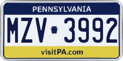 PA license plate MZV3992