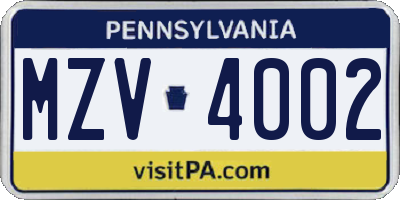 PA license plate MZV4002