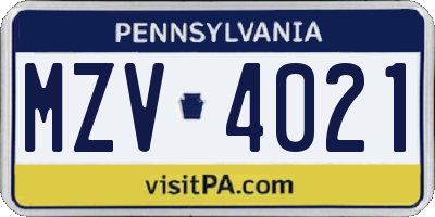 PA license plate MZV4021