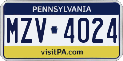 PA license plate MZV4024