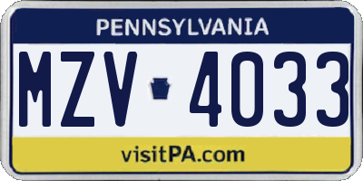 PA license plate MZV4033