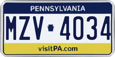PA license plate MZV4034