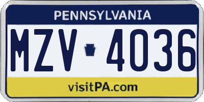 PA license plate MZV4036
