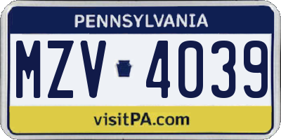 PA license plate MZV4039