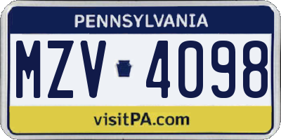 PA license plate MZV4098
