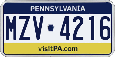 PA license plate MZV4216