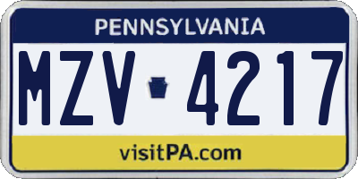 PA license plate MZV4217