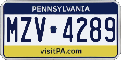 PA license plate MZV4289