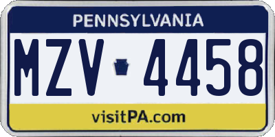PA license plate MZV4458
