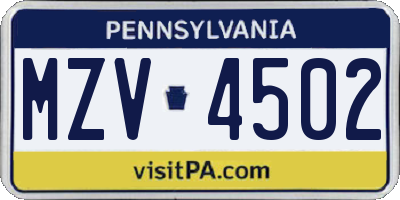 PA license plate MZV4502
