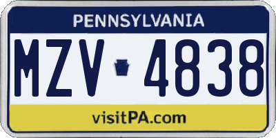 PA license plate MZV4838
